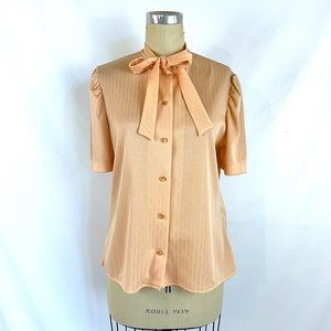 Vintage 70s Bow Collar Blouse Peach Button Up Medium